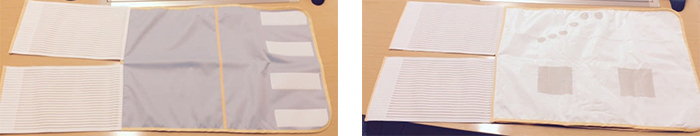 Photo: Prototype of wearable 12-lead ECG textile (left: outer surface; right: inner surface with electrodes)
